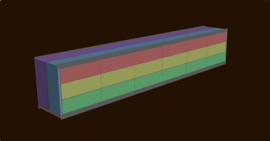 Cut parts colour-coded into grain-match groups across the cabinet